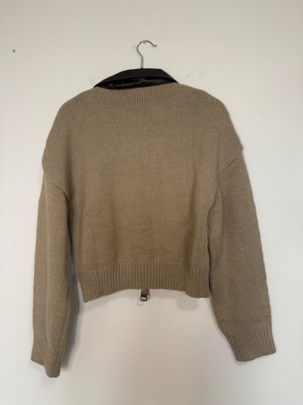 By Anthropologie Faux Leather Mixed Zip Cardigan Sweater Camel Black Medium - Picture 7 of 9